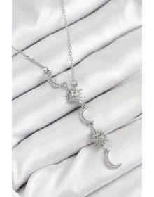 316L Çelik Zirkon Taşlı Güneş Ve Ay Model Gümüş Renk Kadın Kolye