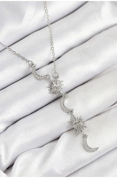316L Çelik Zirkon Taşlı Güneş Ve Ay Model Gümüş Renk Kadın Kolye