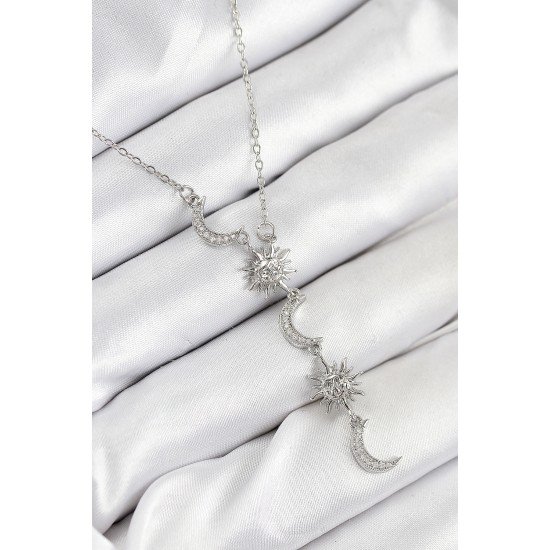 316L Çelik Zirkon Taşlı Güneş Ve Ay Model Gümüş Renk Kadın Kolye