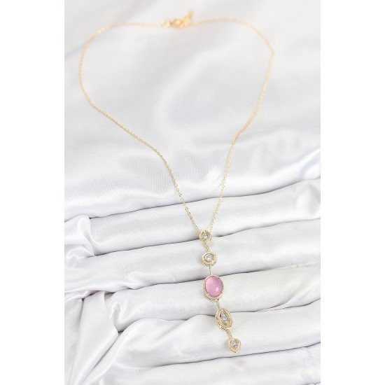 Pirinç Zincir Pembe Gold Renk Zirkon Taşlı Y Kolye