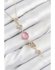 Pirinç Zincir Pembe Gold Renk Zirkon Taşlı Y Kolye