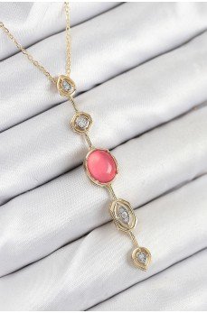 Pirinç Zincir Pembe Gold Renk Zirkon Taşlı Y Kolye