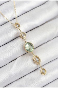 Pirinç Zincir Yeşil Gold Renk Zirkon Taşlı Y Kolye