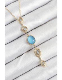 Pirinç Zincir Mavi Gold Renk Zirkon Taşlı Y Kolye