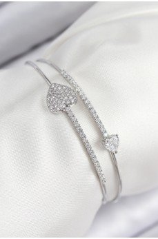 Pirinç Zirkon Taşlı Kalp Model Gümüş Renk Kadın Bileklik