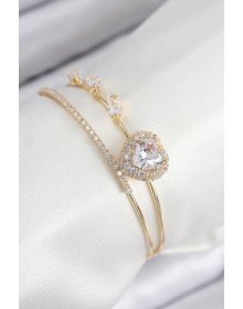Pirinç Zirkon Taşlı Kalp Model Gold Renk Kadın Bileklik