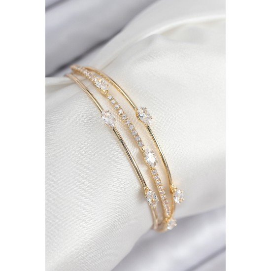 Pirinç Zirkon Taşlı Su Yolu Model Gold Renk Kadın Bileklik