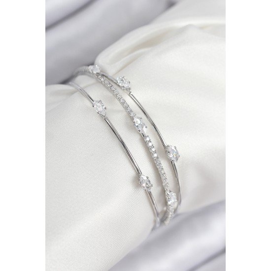 Pirinç Zirkon Taşlı Su Yolu Model Gümüş Renk Kadın Bileklik