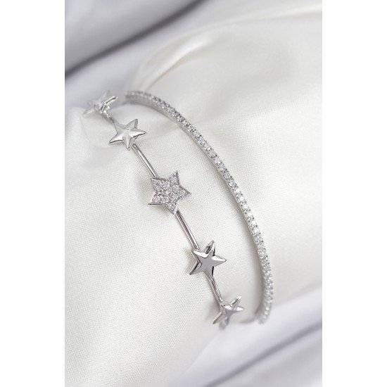 Pirinç Zirkon Taşlı Yıldız Model Gümüş Renk Kadın Bileklik
