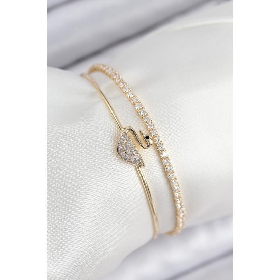 Pirinç Zirkon Taşlı Kuğu Model Gold Renk Kadın Bileklik Pirinç Zirkon Taşlı Kuğu Model Gold Renk Kadın Bileklik