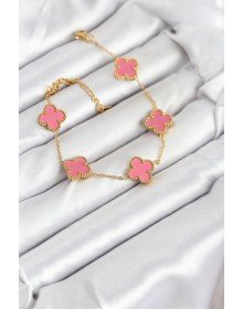 316L Çelik Gold Zincir Pembe Yonca Renk Bileklik