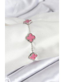 316L Çelik Gümüş Zincir Pembe Renk Yonca Bileklik