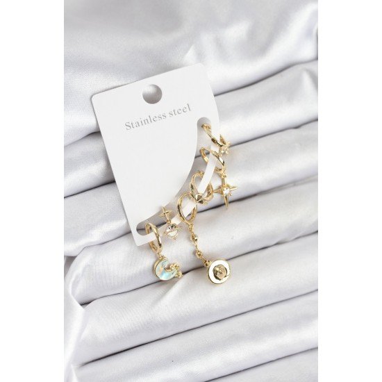 Pirinç Gold Renk Ay Model Kadın Set Küpe