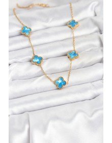 316L Çelik Zincir Gold Buz Mavisi Renk Yonca Kolye