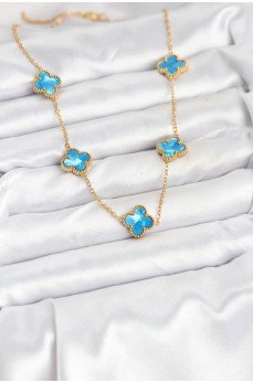 316L Çelik Zincir Gold Buz Mavisi Renk Yonca Kolye