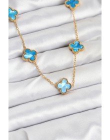 316L Çelik Zincir Gold Buz Mavisi Renk Yonca Kolye