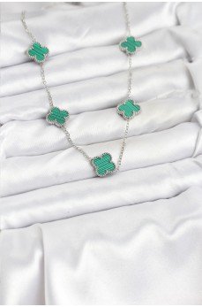316L Çelik Zincir Gümüş Renk Yeşil Yonca Kadın Kolye