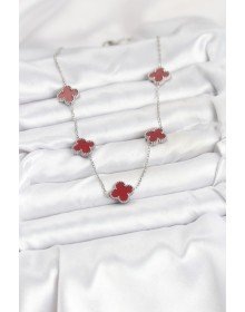 316L Çelik Zincir Gümüş Renk Bordo Renk Yonca Kadın Kolye