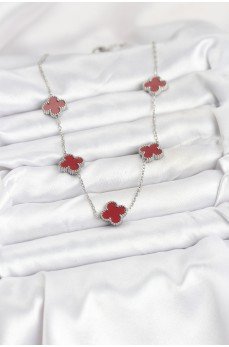 316L Çelik Zincir Gümüş Renk Bordo Renk Yonca Kadın Kolye