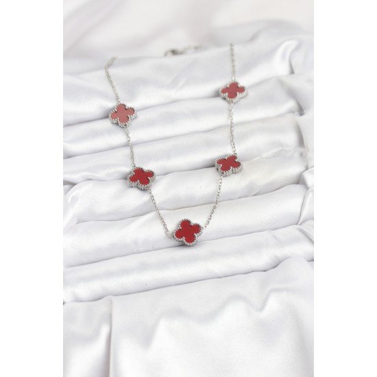 316L Çelik Zincir Gümüş Renk Bordo Renk Yonca Kadın Kolye