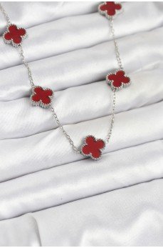 316L Çelik Zincir Gümüş Renk Bordo Renk Yonca Kadın Kolye