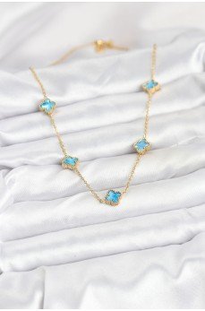 316L Çelik Zincir Gold Renk Buz Mavisi Baby Boy Yonca Kadın Kolye