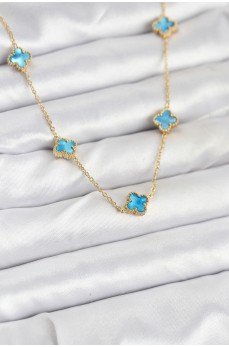 316L Çelik Zincir Gold Renk Buz Mavisi Baby Boy Yonca Kadın Kolye
