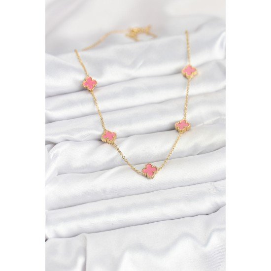 316L Çelik Zincir Gold Renk Pembe Baby Boy Yonca Kadın Kolye