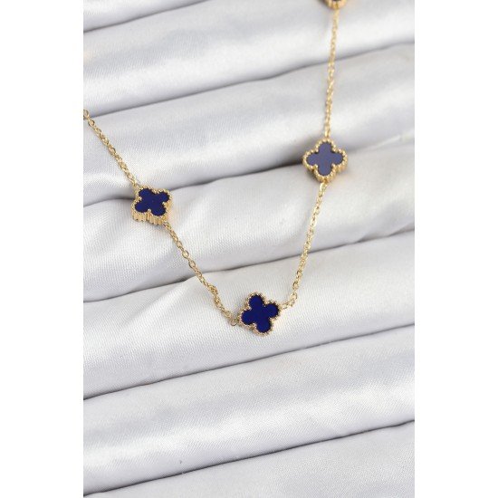 316L Çelik Zincir Gold Renk Lacivert Baby Boy Yonca Kadın Kolye