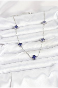 316L Çelik Zincir Gümüş Renk Lacivert Baby Boy Yonca Kadın Kolye