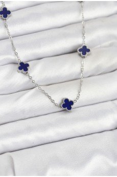 316L Çelik Zincir Gümüş Renk Lacivert Baby Boy Yonca Kadın Kolye