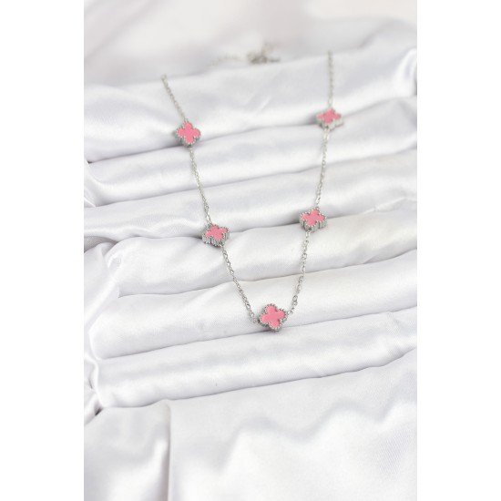 316L Çelik Zincir Gümüş Renk Pembe Baby Boy Yonca Kadın Kolye
