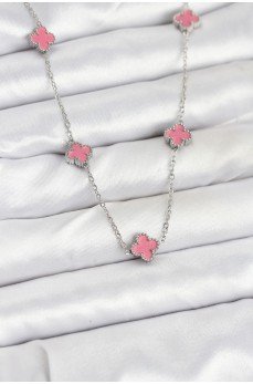 316L Çelik Zincir Gümüş Renk Pembe Baby Boy Yonca Kadın Kolye