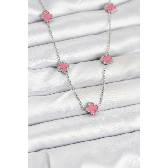 316L Çelik Zincir Gümüş Renk Pembe Baby Boy Yonca Kadın Kolye