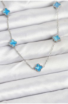 316L Çelik Zincir Gümüş Renk Buz Mavisi Baby Boy Yonca Kadın Kolye