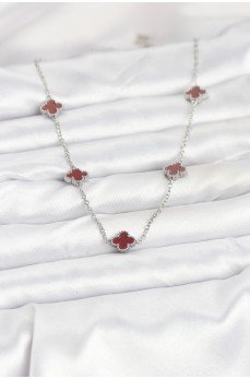 316L Çelik Zincir Gümüş Renk Bordo Baby Boy Yonca Kadın Kolye