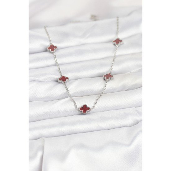 316L Çelik Zincir Gümüş Renk Bordo Baby Boy Yonca Kadın Kolye