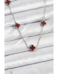 316L Çelik Zincir Gümüş Renk Bordo Baby Boy Yonca Kadın Kolye