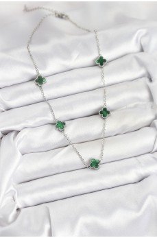 316L Çelik Zincir Gümüş Renk Yeşil Baby Boy Yonca Kadın Kolye
