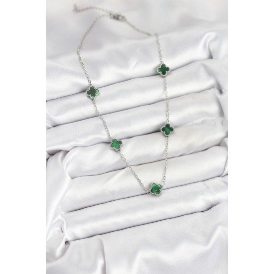 316L Çelik Zincir Gümüş Renk Yeşil Baby Boy Yonca Kadın Kolye