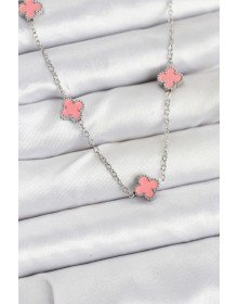 316L Çelik Zincir Gümüş Renk Pembe Baby Boy Yonca Kadın Kolye