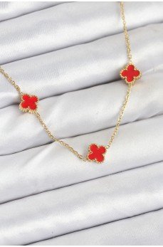 316L Çelik Zincir Gold Renk Kırmızı Baby Boy Yonca Kadın Kolye