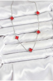 316L Çelik Zincir Gümüş Renk Kırmızı Baby Boy Yonca Kadın Kolye