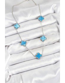316L Çelik Zincir Gümüş Buz Mavisi Renk Yonca Kadın Kolye