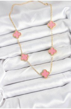 316L Çelik Zincir Gold Pembe Renk Yonca Kadın Kolye