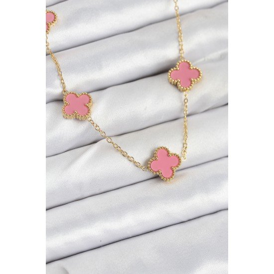 316L Çelik Zincir Gold Pembe Renk Yonca Kadın Kolye