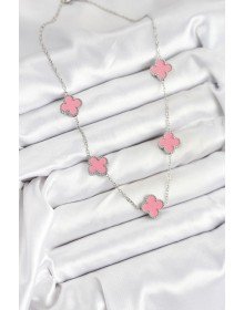 316L Çelik Zincir Gümüş Pembe Renk Yonca Kadın Kolye