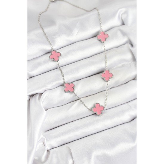 316L Çelik Zincir Gümüş Pembe Renk Yonca Kadın Kolye