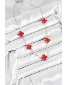 316L Çelik Zincir Gümüş Kırmızı Renk Yonca Kadın Kolye