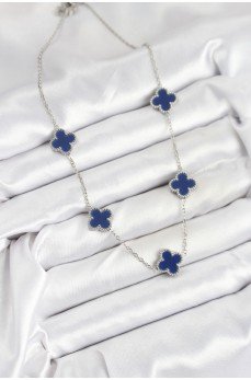 316L Çelik Zincir Gümüş Lacivert Renk Yonca Kadın Kolye